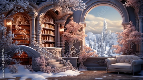 fantasy living room with fireplace, armchair, bookshelf and snow covered trees photo