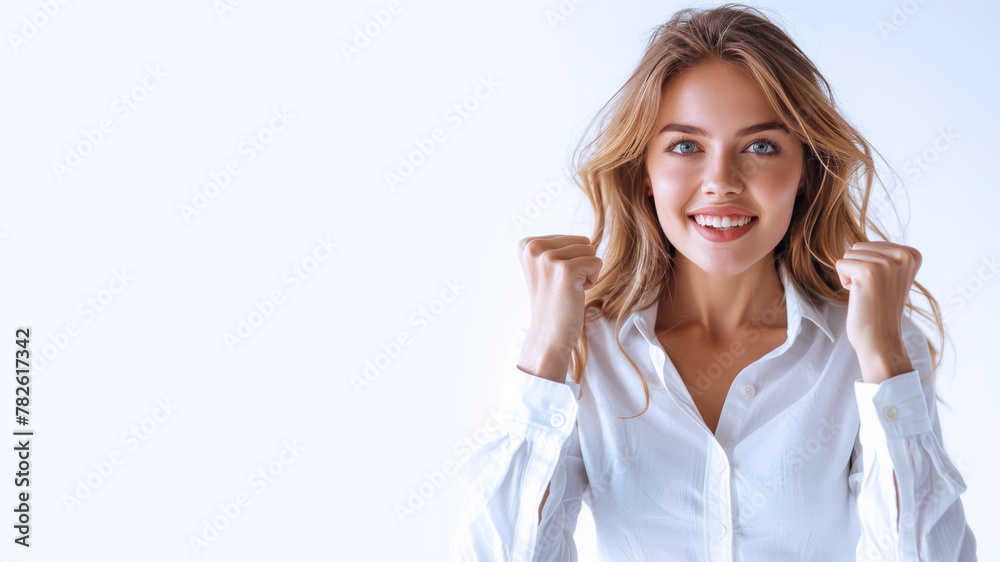 Caucasian business woman shows passion for work targets and achievements