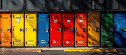 The front view looks closely at the rows of colorful high school lockers.