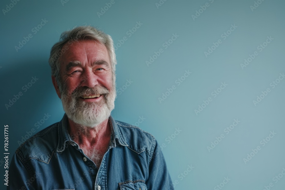 Portrait of a senior man with grey hair and beard on blue background Portrait of a senior man with grey hair and beard on blue background