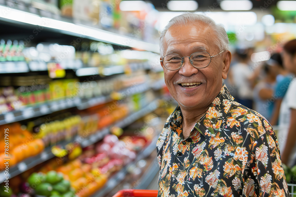 Elderly Asian man in floral shirt shopping in grocery store Elderly Asian man in floral shirt shopping in grocery store