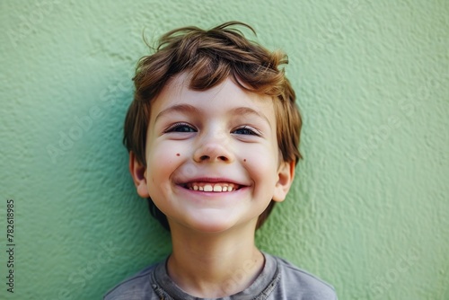 Portrait of a smiling little boy on a background of green wall