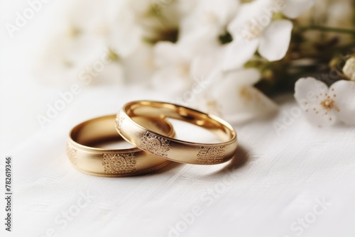 Wedding rings, close-up on a light background with flowers.postcard or invitation to a celebration.  © Margo_Alexa