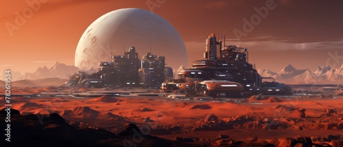 a city on Mars with olympus mons in the background