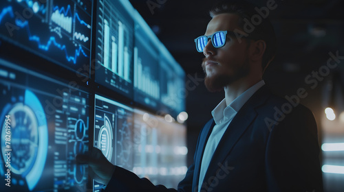 smart businessman blue glasses using  futuristic computer holographic display artificial intelligence to project data,  big screen displaying charts on  wall in a dark office room