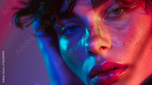 close-up portrait of young women with short hair, illuminated by neon lights that cast colorful reflections on their face