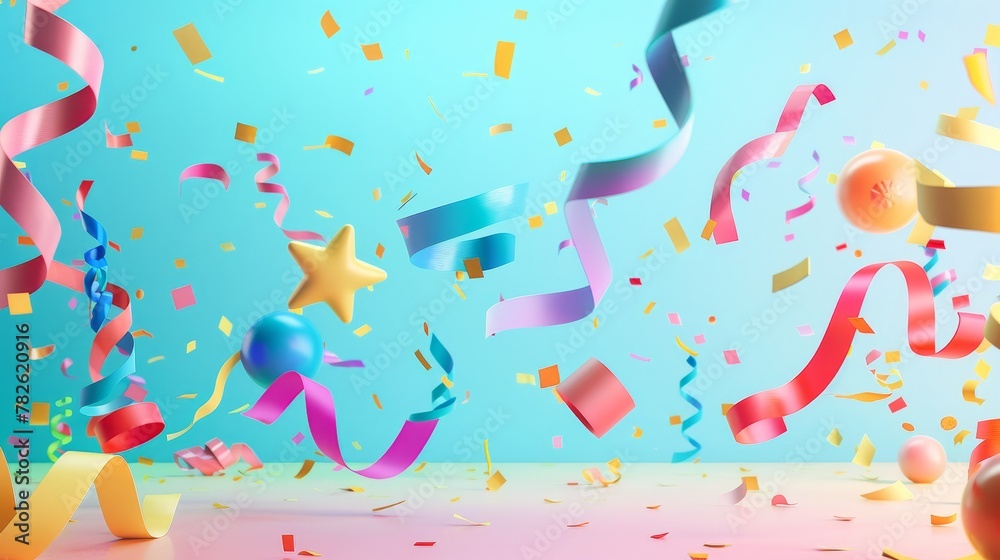 Bright party streamers in a 3D style 3D style isolated flying objects memphis style 3D render AI generated illustration Bright party streamers in a 3D style 3D style isolated flying objects memphis style 3D render AI generated illustration