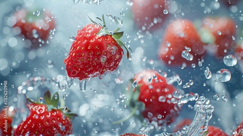 Bright red strawberries floating in mid-air with icy and watery elements AI generated illustration