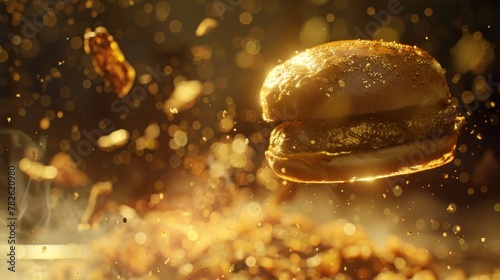 Capture the essence of a gourmet burger mid-air with a burst of golden light AI generated illustration