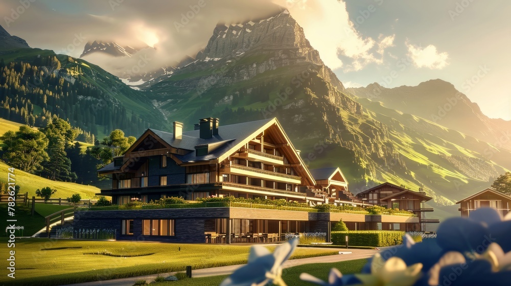 a visualisation of a single mountain resort main hotel building, luxurious, green mountains, modern chalet style