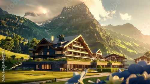 a visualisation of a single mountain resort main hotel building, luxurious, green mountains, modern chalet style photo