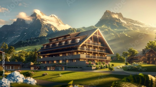 a visualisation of a single mountain resort main hotel building, luxurious, green mountains, modern chalet style photo