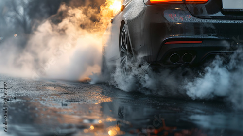  A car emitting white smoke from its exhaust , Environment pollution ,co2 , 
 photo