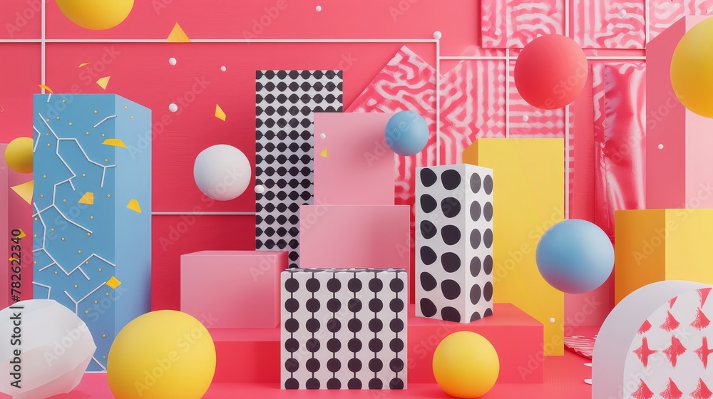Fototapeta premium D render of a sale flyer with geometric patterns 3D style isolated flying objects memphis style 3D render AI generated illustration