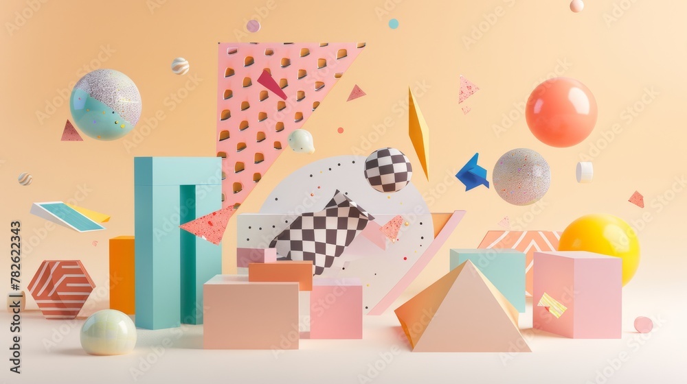 D render of a sale flyer with geometric patterns 3D style isolated flying objects memphis style 3D render   AI generated illustration