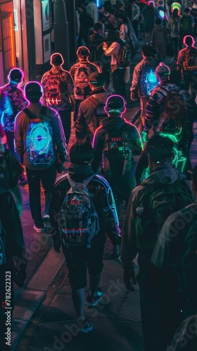 Cybernetically enhanced individuals walk amongst the crowd their glowing implants shining in the darkness AI generated illustration