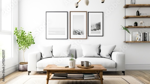 White sofa in the living room with three paintings on the wall
