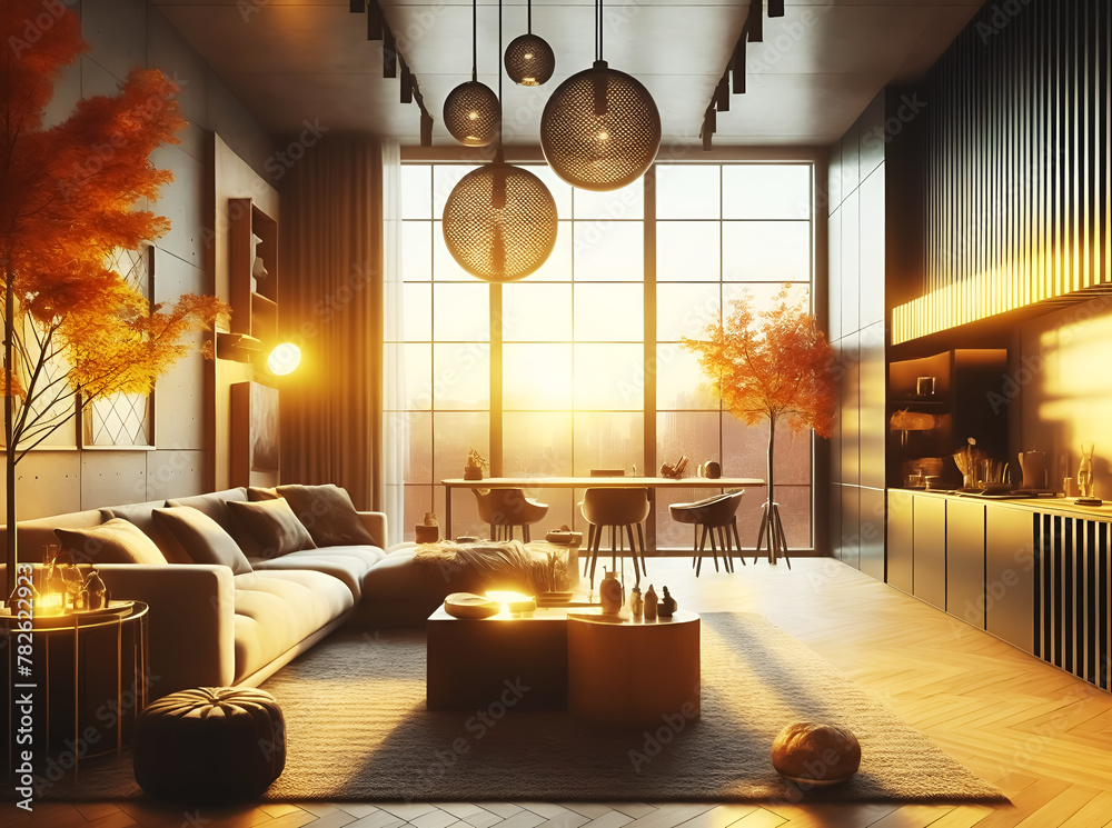 Beautiful living room Modern Interior Design Style cozy furniture 3D
