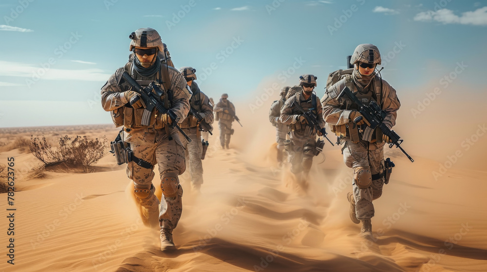 Team of United states airborne infantry men with weapons moving patrolling desert storm. Sand, blue sky on background of squad, sunlight, front view. Team of United states airborne infantry men with weapons moving patrolling desert storm. Sand, blue sky on background of squad, sunlight, front view.