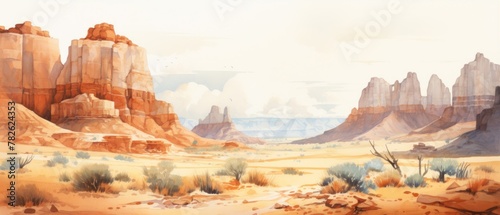 beautiful water color painting in style of southwestern art with buttes and bluffs with many teeth on ground on white background photo