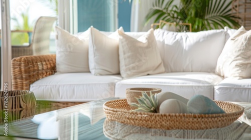 The white woven furniture paired with the frosted glass coffee table adds to the coastal vibe allowing the natural light to reflect and bounce off its surfaces. .