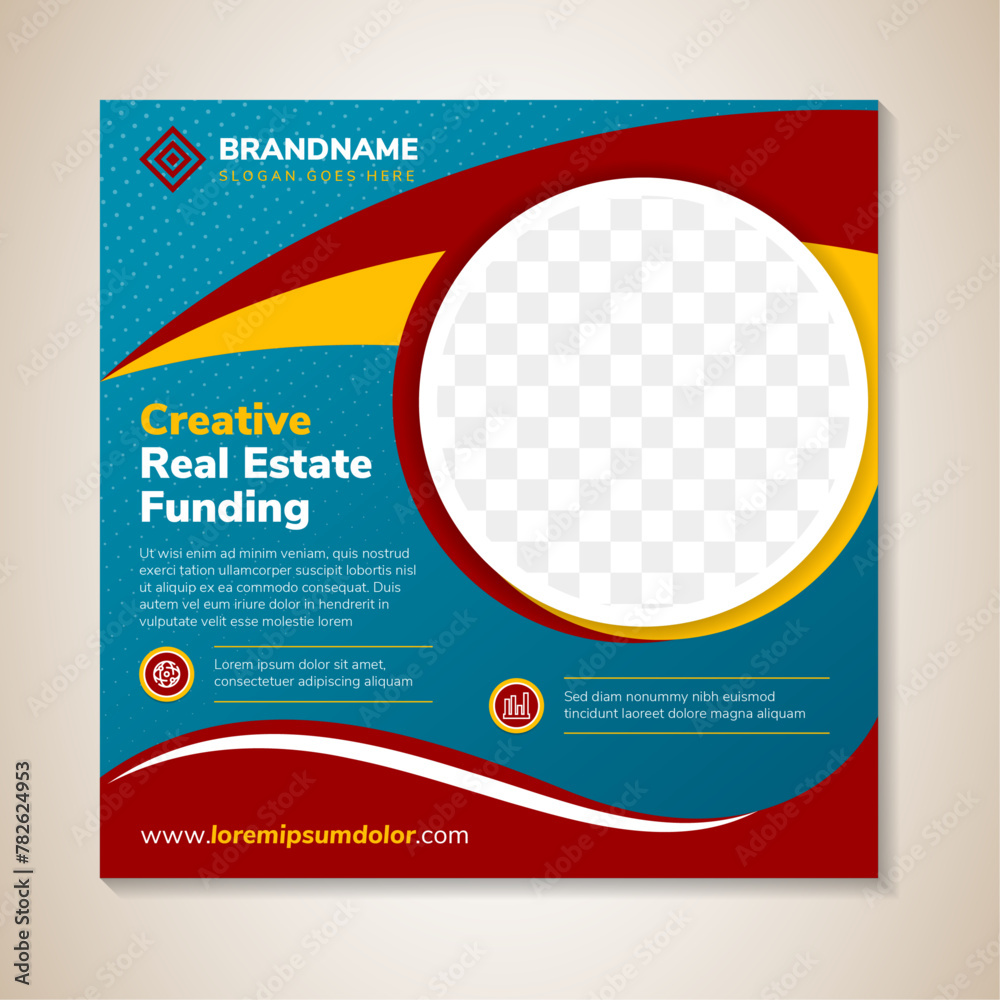 creative real estate funding banner design template with square layout. dot circle halftone pattern in white. combination blue, red and yellow colors. space for photo and text. - obrazy, fototapety, plakaty 