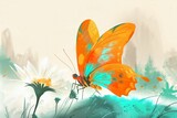 Butterfly on daisy, delicate wing anatomy in vector, spring morning anatomy, white background