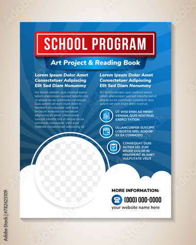 School program, art project and reading book banner design template. cloud, light shine, dot circle pattern. Tutoring Sessions Course Flyer, Online Class, Education Flyers and poster with photo space.