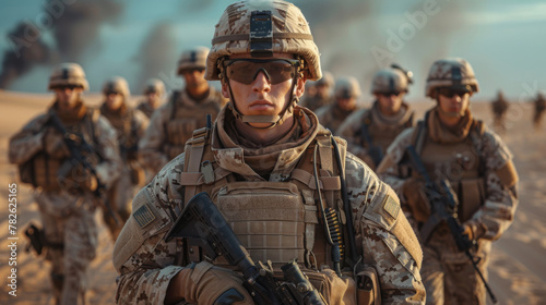 Team of United states airborne infantry men with weapons moving patrolling desert storm. Sand, blue sky on background of squad, sunlight, front view.