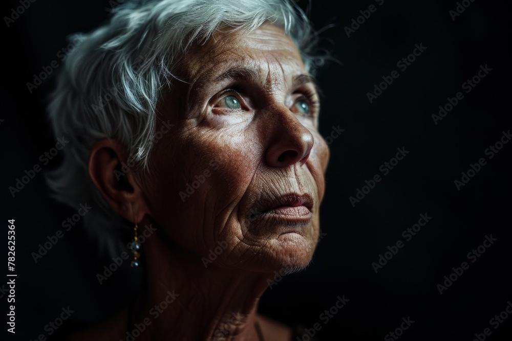 Portrait of a sad elderly woman on a dark background. Toned. Portrait of a sad elderly woman on a dark background. Toned.