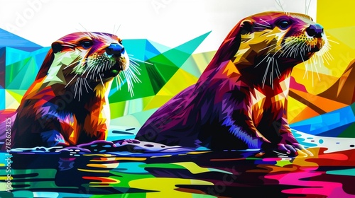 Otters in river, water splash anatomy in vector, dawn tranquility anatomy, white background photo