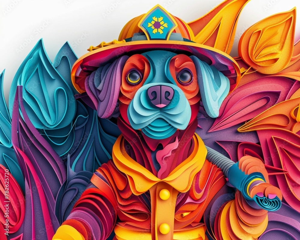 3D dog as a firefighter, wearing a colorful fire suit, hose in paw ready to save the day, white background 3D dog as a firefighter, wearing a colorful fire suit, hose in paw ready to save the day, white background
