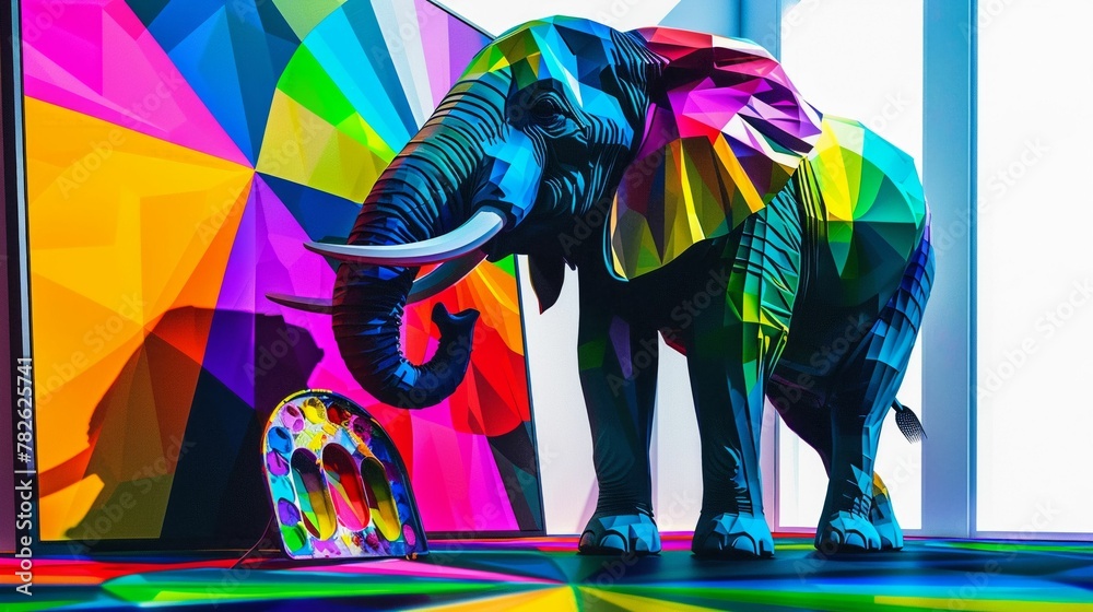 3D elephant in a painters outfit, colorful palette in trunk, standing by a bright canvas, white background