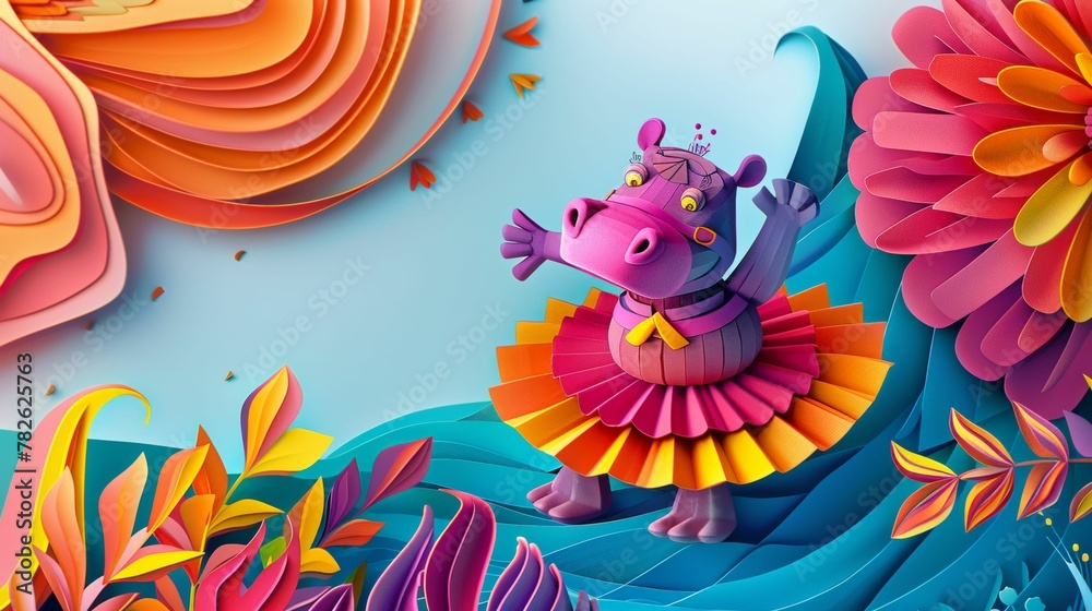 3D hippo as a ballet instructor, in a tutu demonstrating a pose, with grace and humor, white background