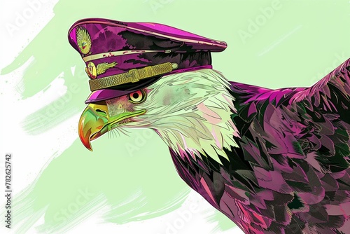 3D eagle as an airline pilot, with pilot cap and wings badge, flying high, white background photo