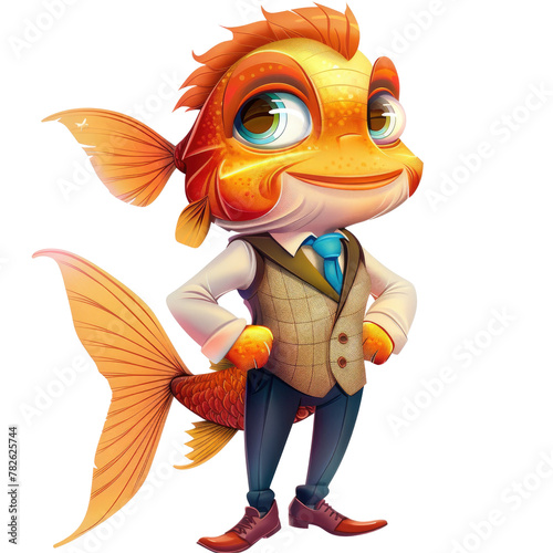 A stylish cartoon fish dressed in formalwear, complete with a suit and tie, poses against a sleek transparent background photo
