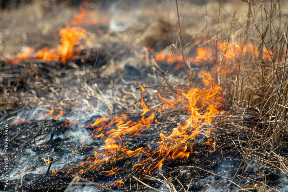 A field of dry grass is on fire