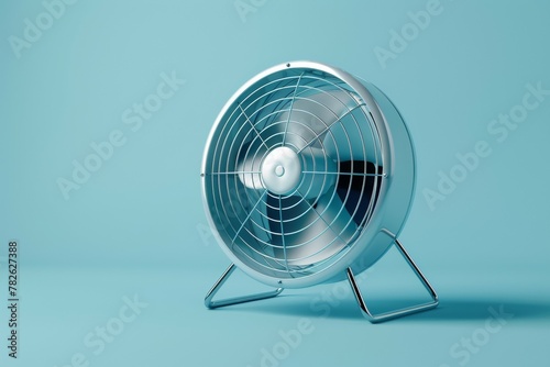 A fan is sitting on a blue surface. Summer heat concept