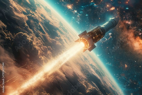 A rocket is flying through space with a bright orange and yellow trail behind it