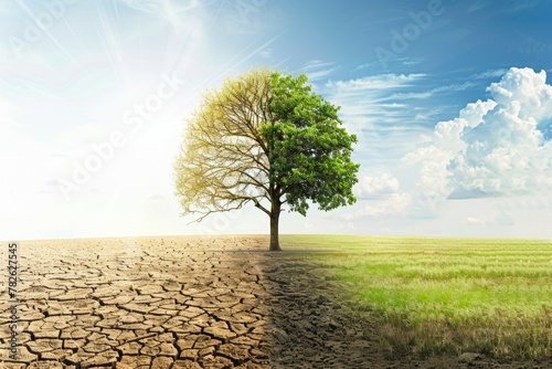 Tree in ecology and drought concept. Climate change and record heat. Background with selective focus