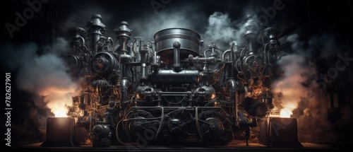 dieselpunk complex engine with many glowing and moving parts that fills a dark industrial room photo