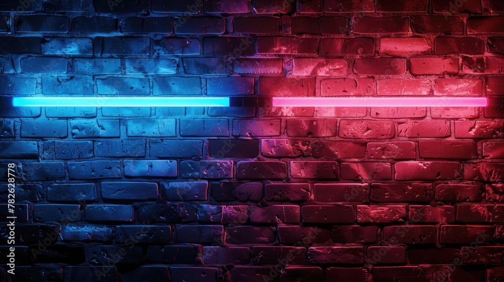 Neon light illuminates raw brick walls for a unique background and texture, Ai Generated.