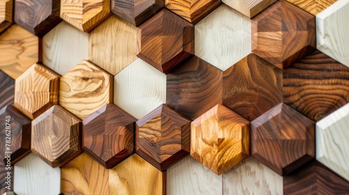 Front view of a geometric fall crafted from 3D wooden hexagons, Ai Generated.