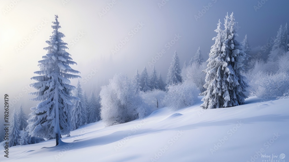 Enchanting winter landscape with trees cloaked in snow, a serene forest adorned in nature's white attire. Ai Generated