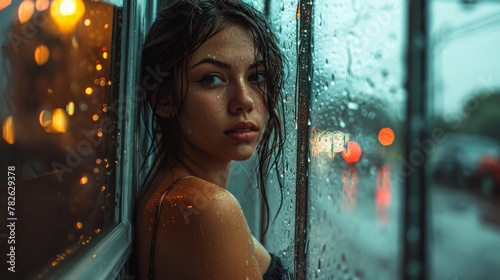 Heavy raining, dreams, lofi, Marfa Texas, beautiful brunette latina woman photo