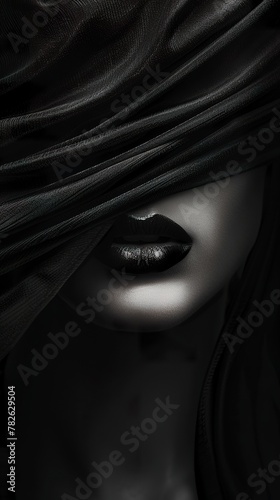 Visual art of female face obscured in black fluid fabric style in mysterious atmosphere. Visual composition in dark tones and dramatic effect on a female face.