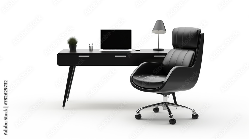 Realistic desk or office workstation with elegant chair isolated on white background.
