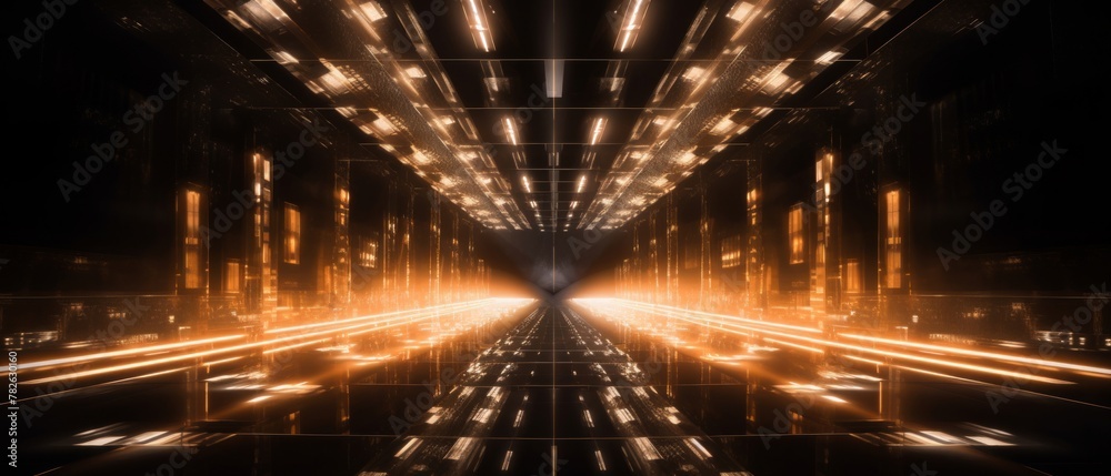 light rig from a concert that repeats into infinity, mirror hallway of concert lights