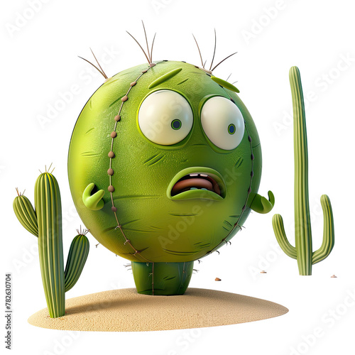 A cute cactus with a green face is interacting with another cactus plant covered in spikes. Isolated on transparent
