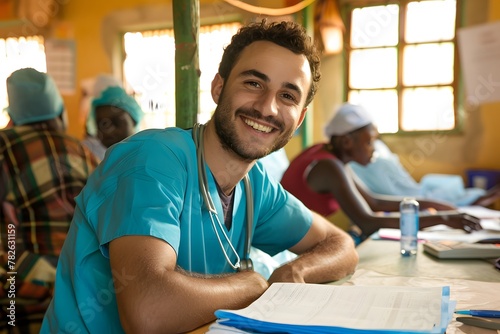 Portrait of a professional volunteer man doctor in Africa looking to camera with smiling. Volunteer concept - Generative AI